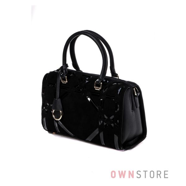 Купить сумку женскую черную с отделкой из замши и лака впереди от Фарфалла Россо - арт.91692